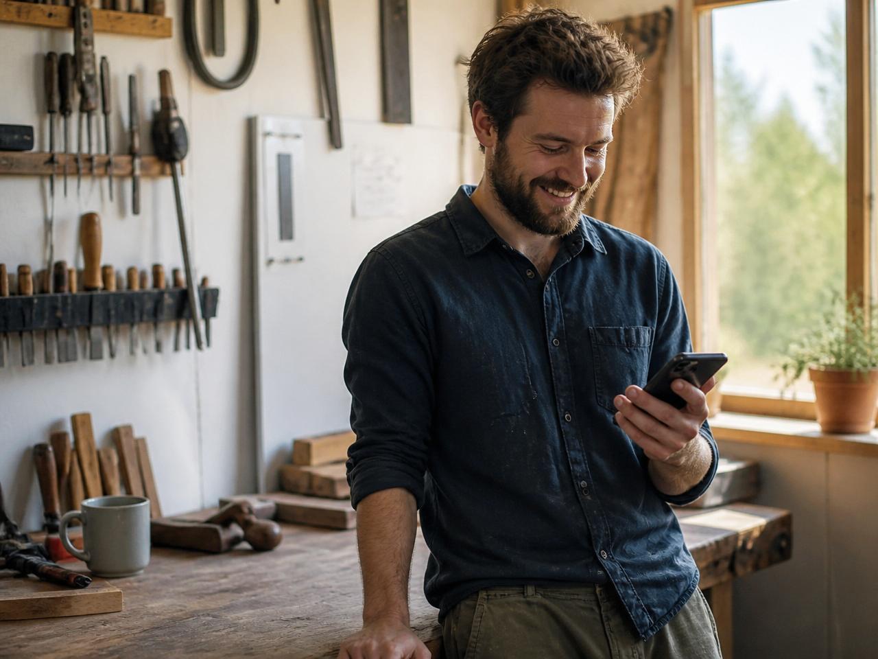 Handwerker in seiner Werkstatt checkt entspannt sein Smartphone