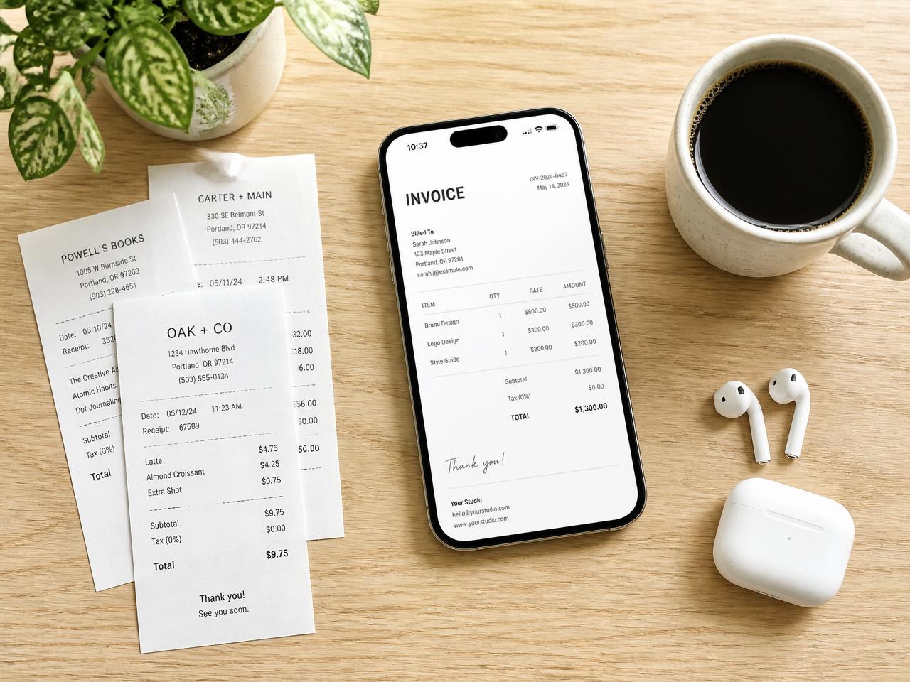 Aufgeräumter Schreibtisch mit Handy, Belegen und Kaffee