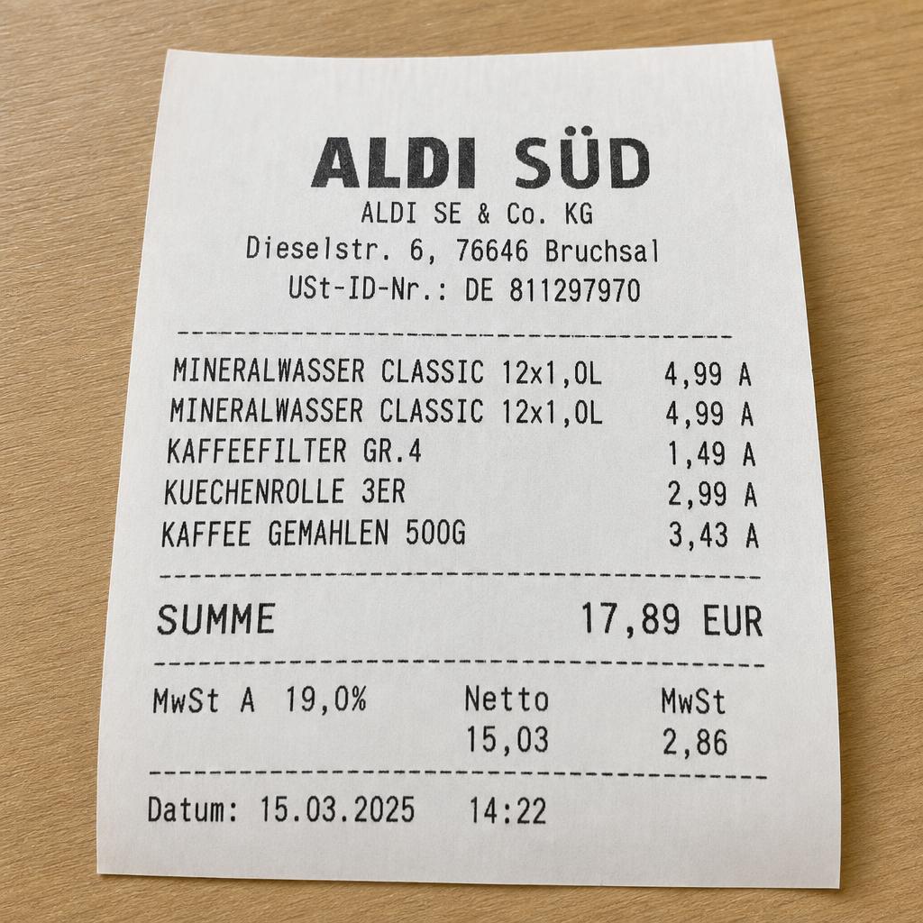 Illustration eines ALDI-SÜD-Kassenbons auf einem Holztisch
